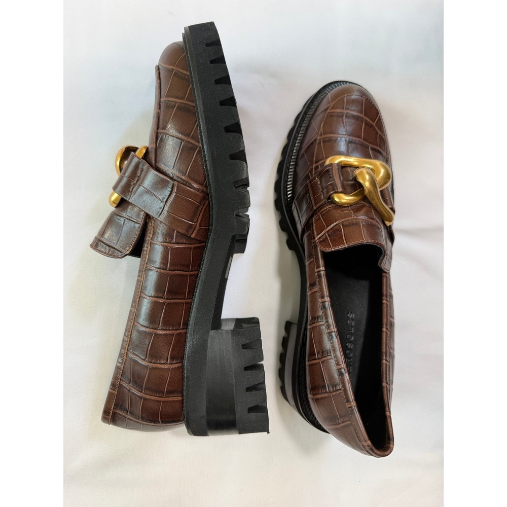 Aerosoles Lilia Brown Croc Embossed Leather Lug Sole Chain Loafers Womens 9 - Picture 3 of 14